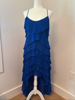 Blue Ruffle Tiered Spaghetti-Strap Dress